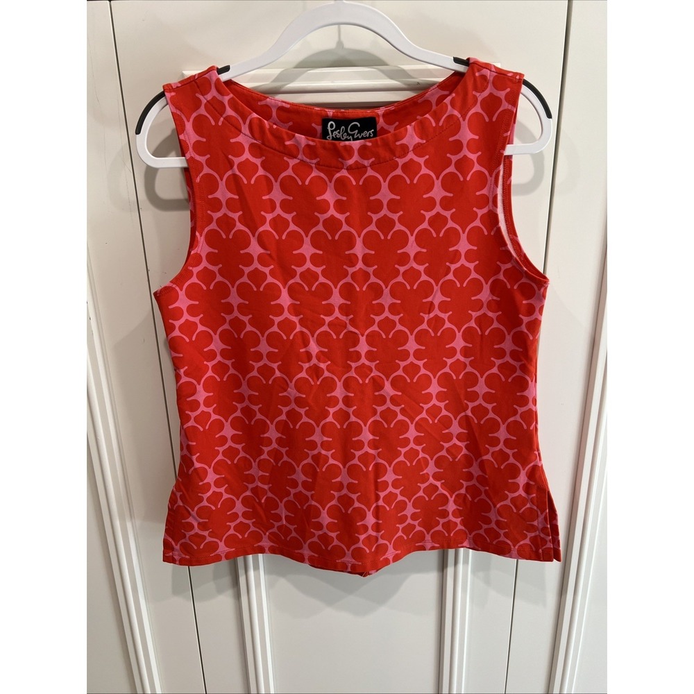 Lesley Evers Pink & Red Geometric Print Sleeveless Top Preppy Resort Designer